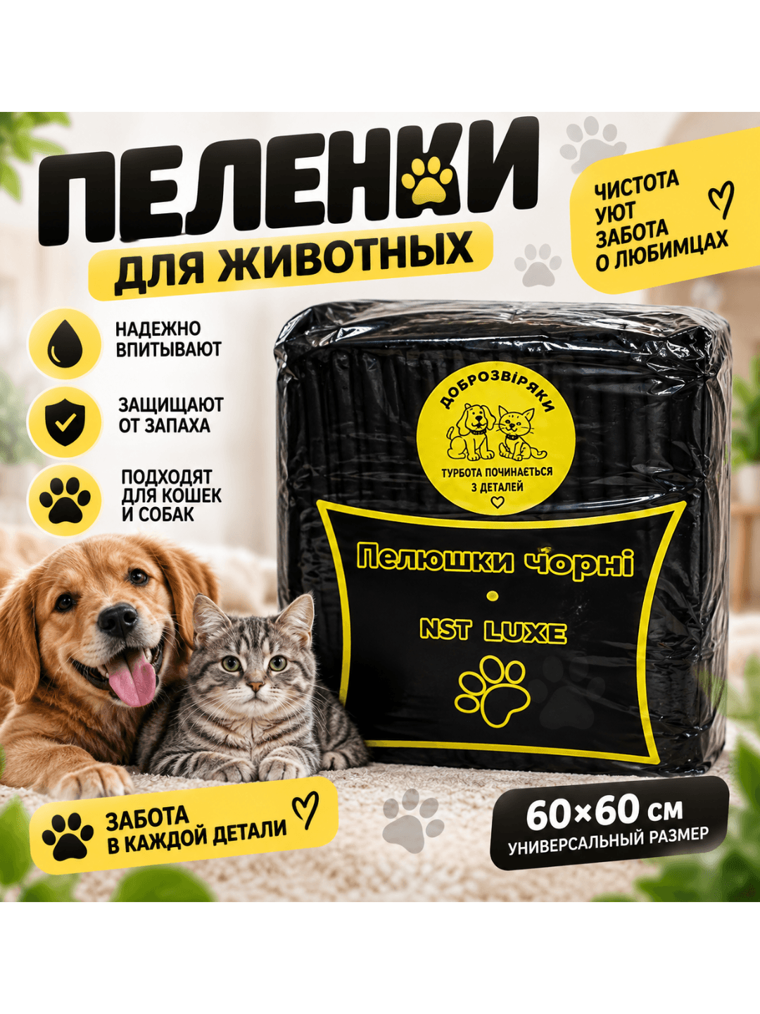 Dobrozveriki hayvonlar uchun shimuvchi qora taglik, 60×60 sm - 1 dona