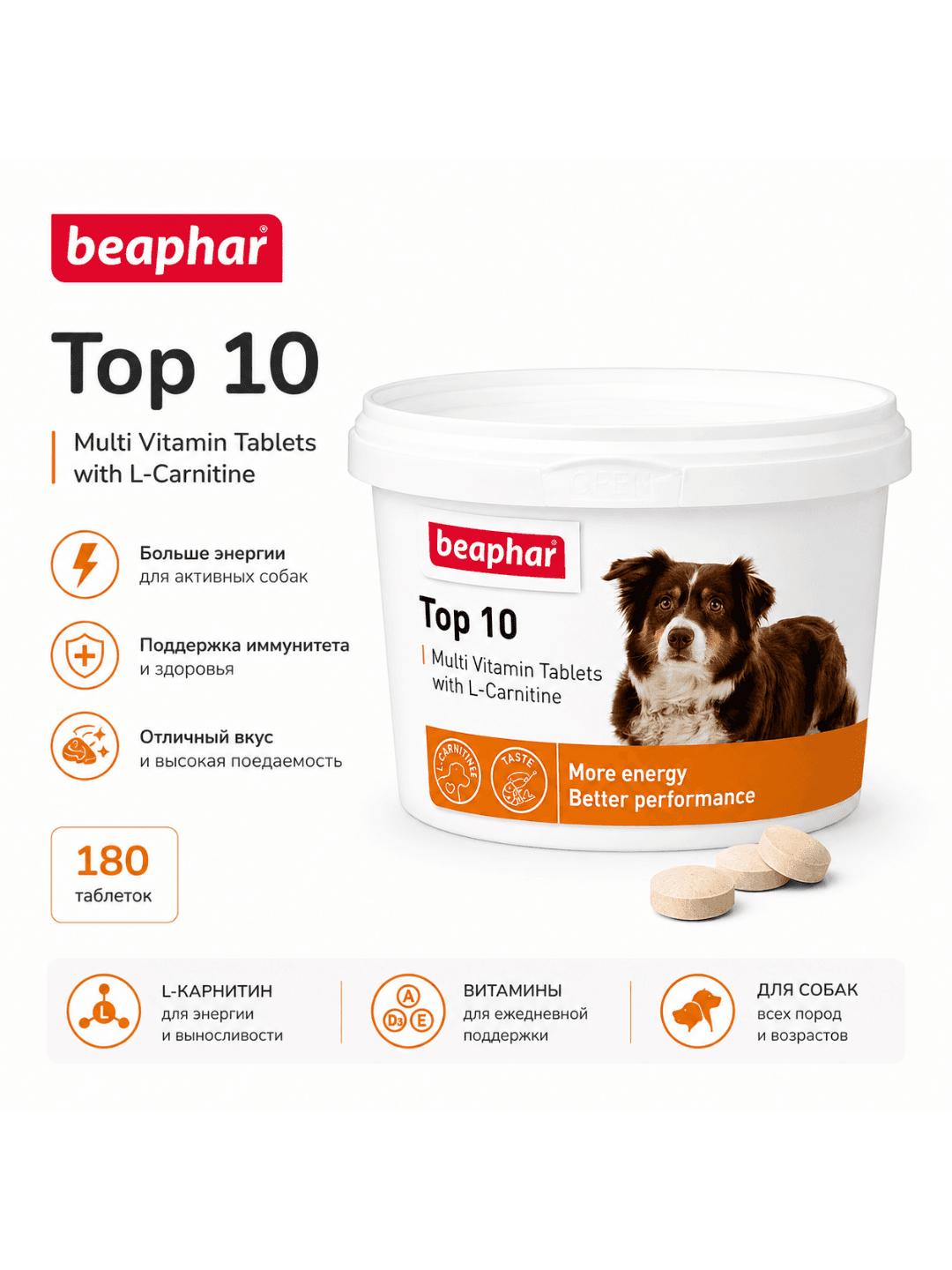 Beaphar Top 10 itlar uchun L-karnitinli multivitamin tabletkasi, 1 dona